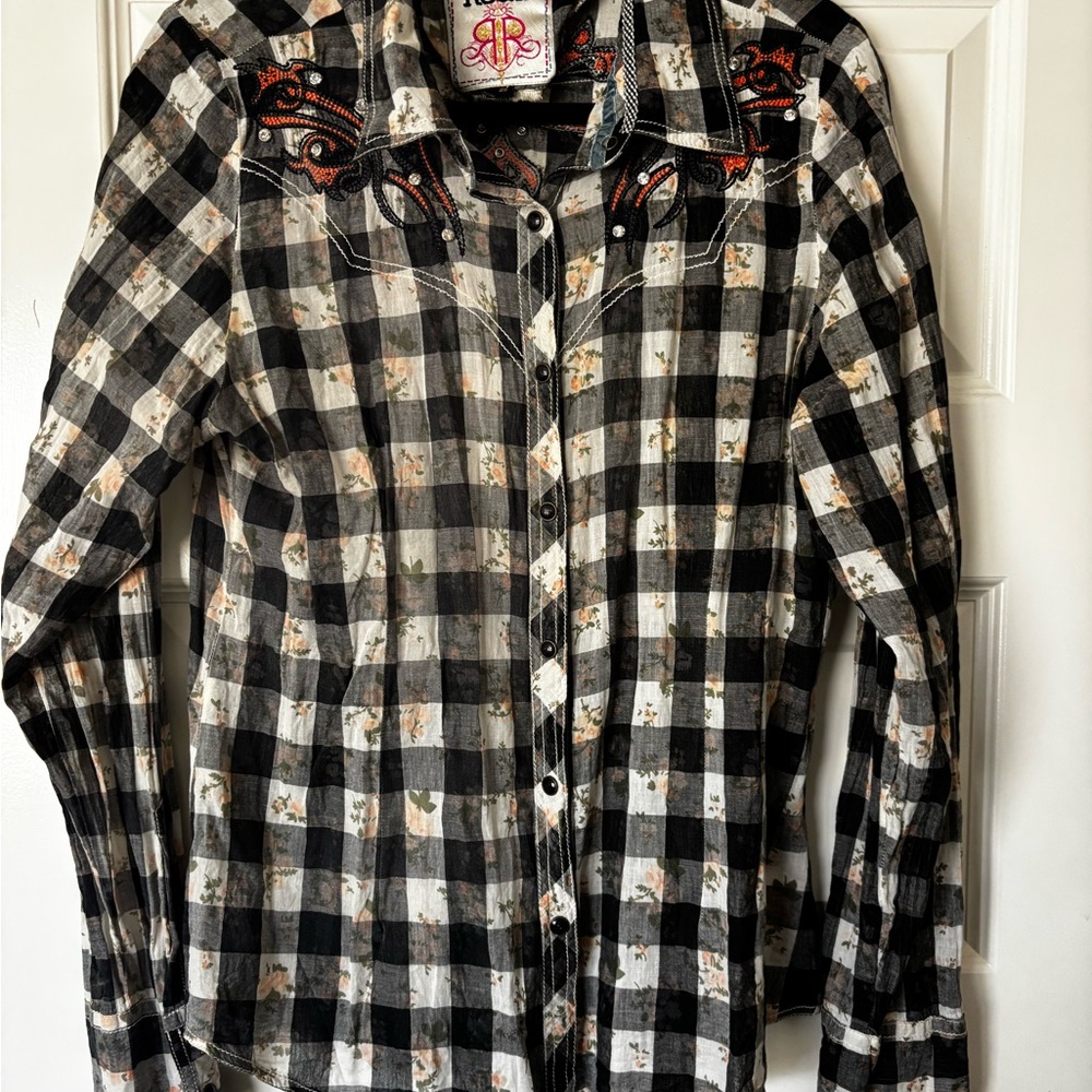 Roar Black and White Plaid Shirt with Pink and Gold Embroidery